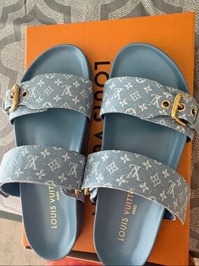 Louis Vuitton Light Blue Monogram Denim Double-Strap Slides
Can ship next day